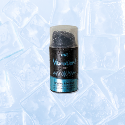 Gel Intt Vibration! Ice Wow em embalagem preta e azul com tampa transparente sobre fundo de gelo