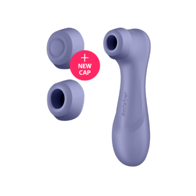 Massageador pessoal roxo com duas tampas intercambiáveis e indicação NEW CAP