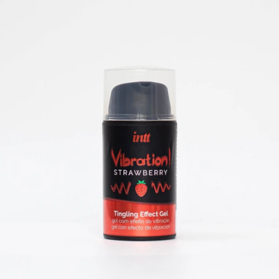 Frasco preto e vermelho de gel com efeito de vibração sabor morango