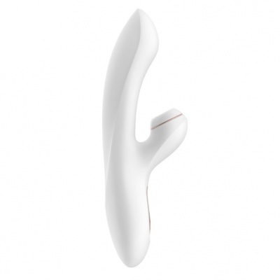 Vibrador branco em silicone com dois pontos de estimulação e detalhe em cor de rosa