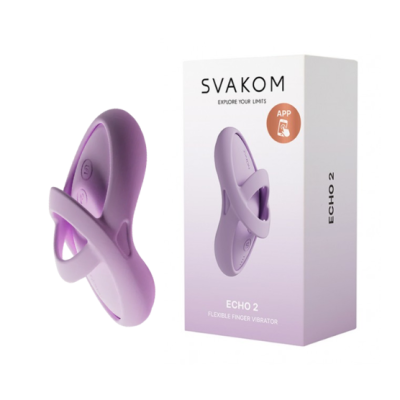 Vibrador de dedo lilás SVAKOM com embalagem branca e lilás