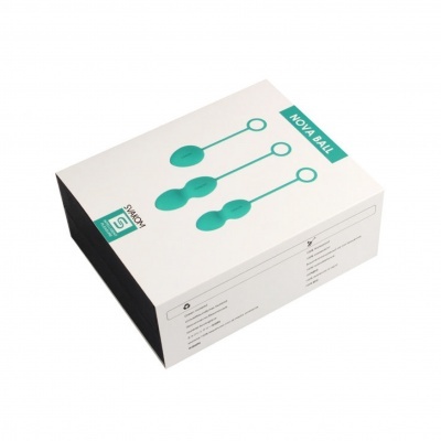 Embalagem branca com imagens de bolas de Kegel verdes e texto 