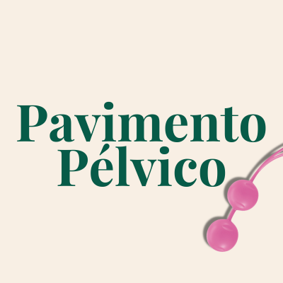 Texto Pavimento Pélvico em verde escuro sobre fundo bege com duas bolas rosadas conectadas no canto inferior direito