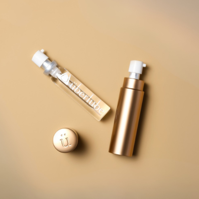 Dois frascos doseadores, um transparente com líquido e texto überlube, outro dourado, com tampa removida, sobre fundo bege.