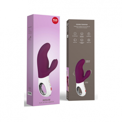 Caixas do vibrador MISS BI roxo e branco da FUN FACTORY em fundo claro e escuro