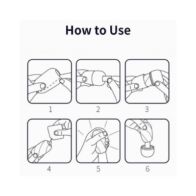 Instruções de uso com seis etapas ilustradas para aplicação de um produto em frasco.