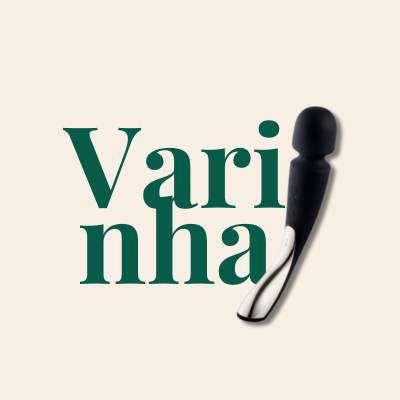 Massageador preto e prata com texto verde Vari nha