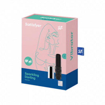 Embalagem cor-de-rosa e azul para vibrador Satisfyer com design minimalista e texto Sparkling Darling