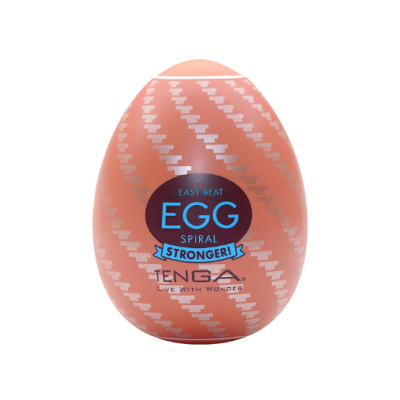 Produto em forma de ovo cor de rosa com padrão espiral e texto Azul Preta