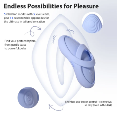 Vibrador azul claro com botão, texto em inglês sobre modos de vibração e controlo