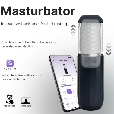 Masturbador masculino preto com parte superior transparente e smartphone mostrando app ao lado.