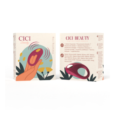 Caixa do anel vibratório CICI Beauty com ilustração e texto informativo