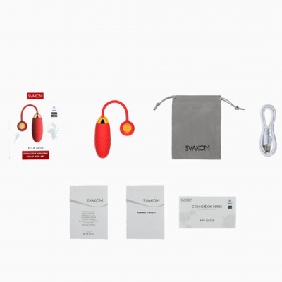 Dispositivo vibratório vermelho com cabo, bolsa cinzenta SVAKOM, cabo USB e folhetos de instruções