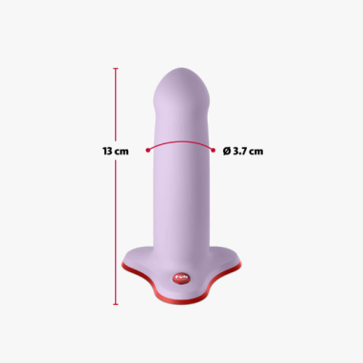 Dildo lilás com base vermelha e branca e botão FUN