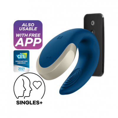 Dispositivo sexual azul e cinza com controlo remoto e textos promocionais