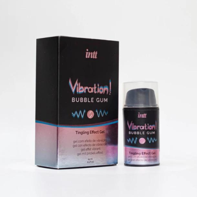 Gel Vibration! Bubble Gum da intt em frasco pequeno e embalagem preta com detalhes coloridos