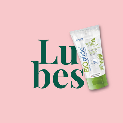 Tubo de lubrificante Bio glíde com fundo rosa e texto verde