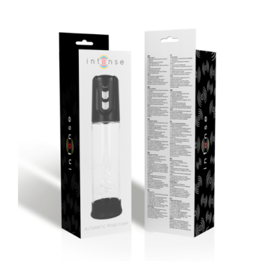 Embalagem de bomba automática para pénis da marca intense, preto e branco com texto