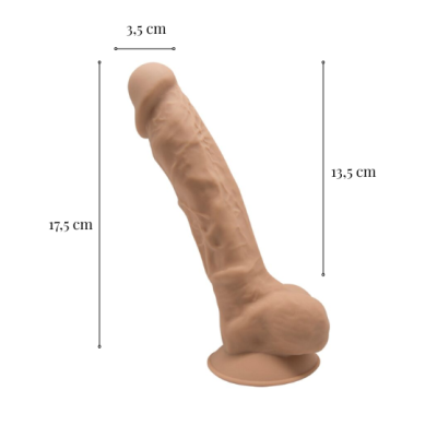 Dildo com textura e base de sucção, medidas indicadas