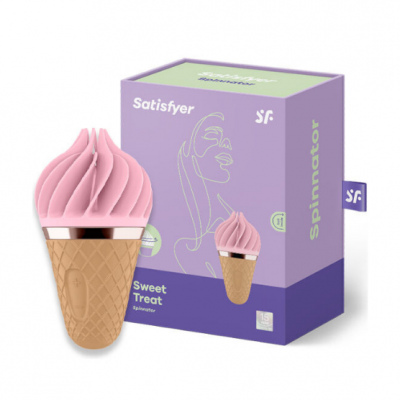 Produto em forma de gelado rosa com cone e caixa lilás com texto