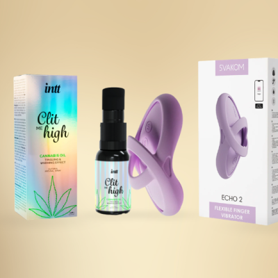 Óleo de cannabis e vibrador flexível para dedo lilás com suas embalagens em fundo bege
