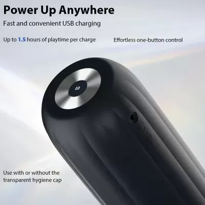 Dispositivo preto com botão prateado e texto promocional ao fundo