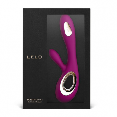 Vibrador roxo em embalagem preta com texto LELO e SORAYA WAVE™ Dual-Action Massager