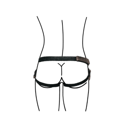 Cinta harness preta ajustável em tecido mostrada numa ilustração minimalista de costas femininas