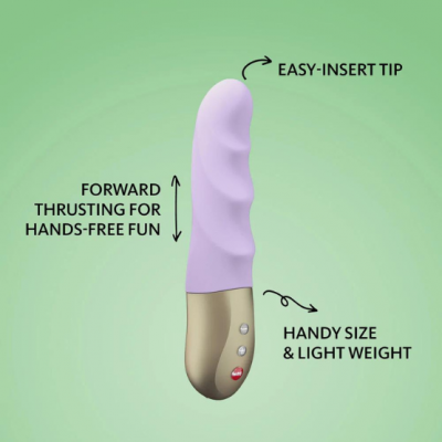 Vibrador lilás com base dourada e texto explicativo em fundo verde