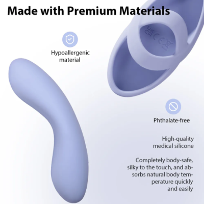 Produto de silicone lilás com texto sobre qualidade e segurança do material.