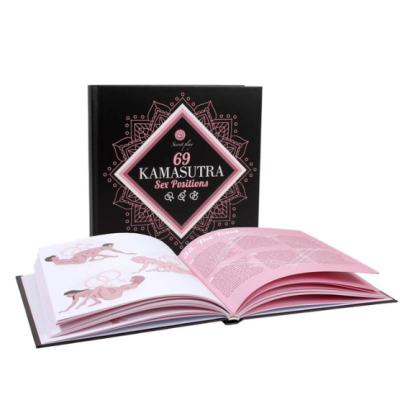 Livro 69 Kamasutra Sex Positions preto e rosa aberto com ilustrações e texto