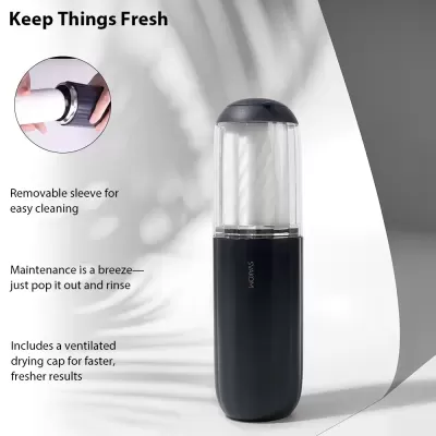 Dispositivo cilíndrico preto com tampa translucida e interior branco