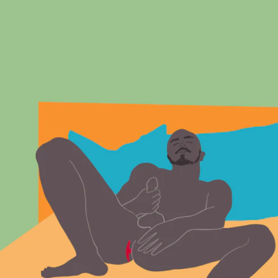 Ilustração digital de homem nu sentado com almofadas azuis e parede verde