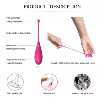 Produto de silicone rosa com cabo, características descritas em texto ao lado