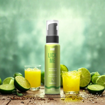 Frasco verde de gel LICK ME com limas e copos de bebida amarelos