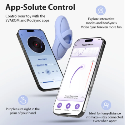 Telemóveis com apps de controlo e dispositivo azul claro com anéis