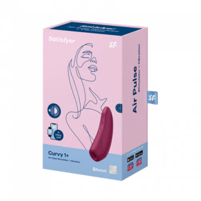 Embalagem rosa e azul do estimulador Satisfyer Curvy 1+ com desenho de rosto e aparelho bordô