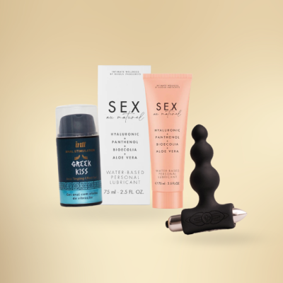 Produtos íntimos incluindo lubrificante à base de água e gel anal com acessório de silicone preto