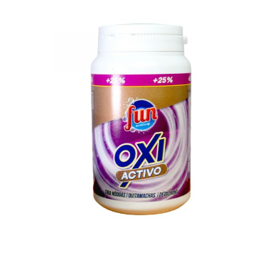 Frasco branco de produto Fun Oxi Activo com rótulo castanho e roxo.
