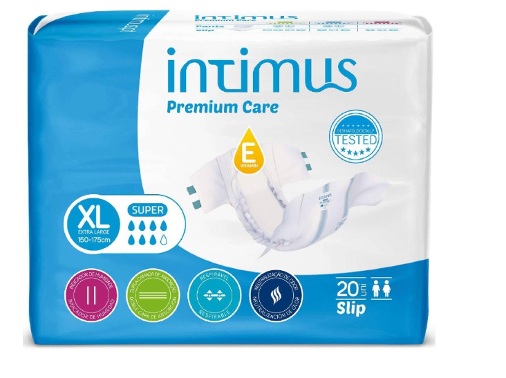 Embalagem de fraldas para adultos Intimus Premium Care XL com design azul e branco