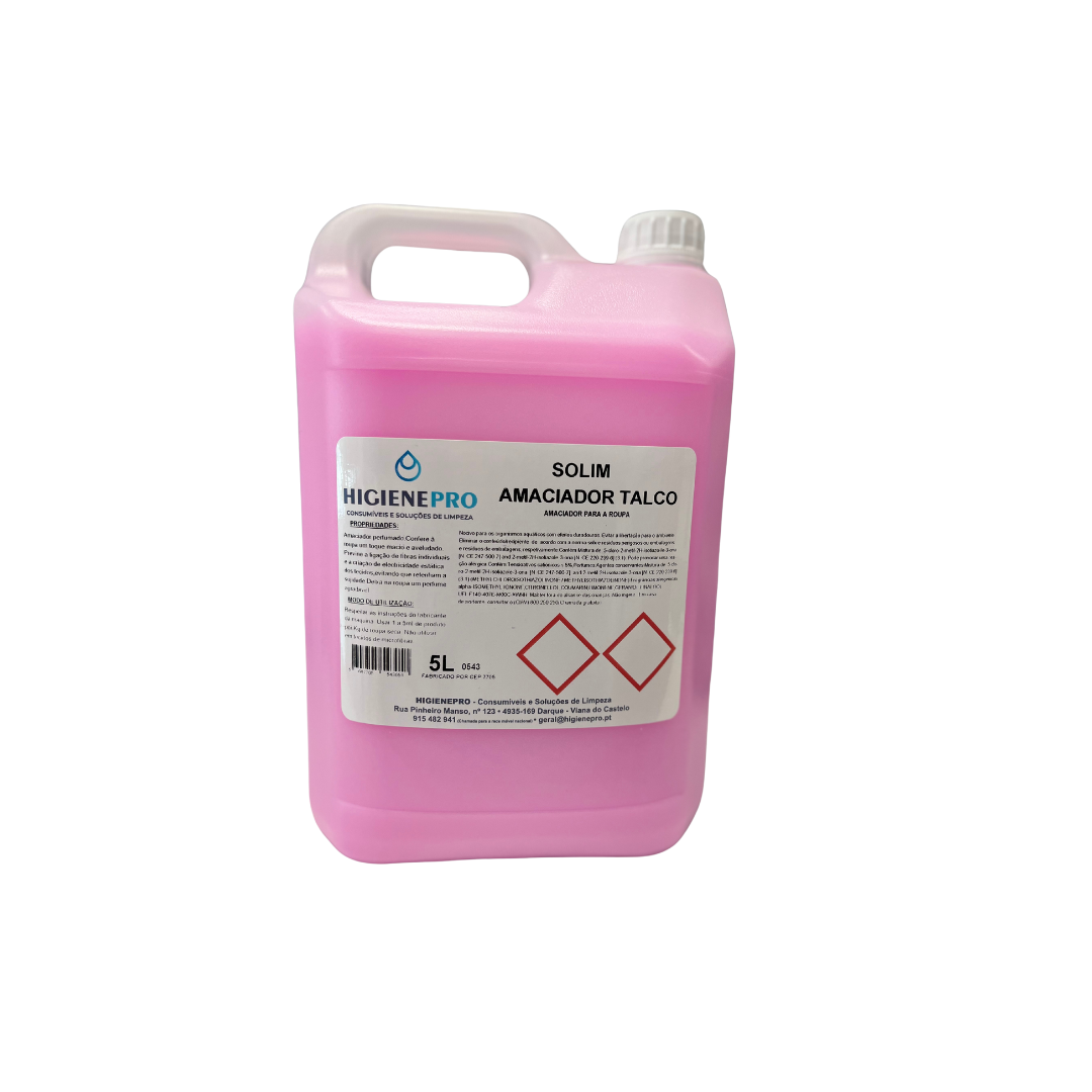 Recipiente de 5 litros de amaciador rosa com tampa branca e rótulo informativo em português