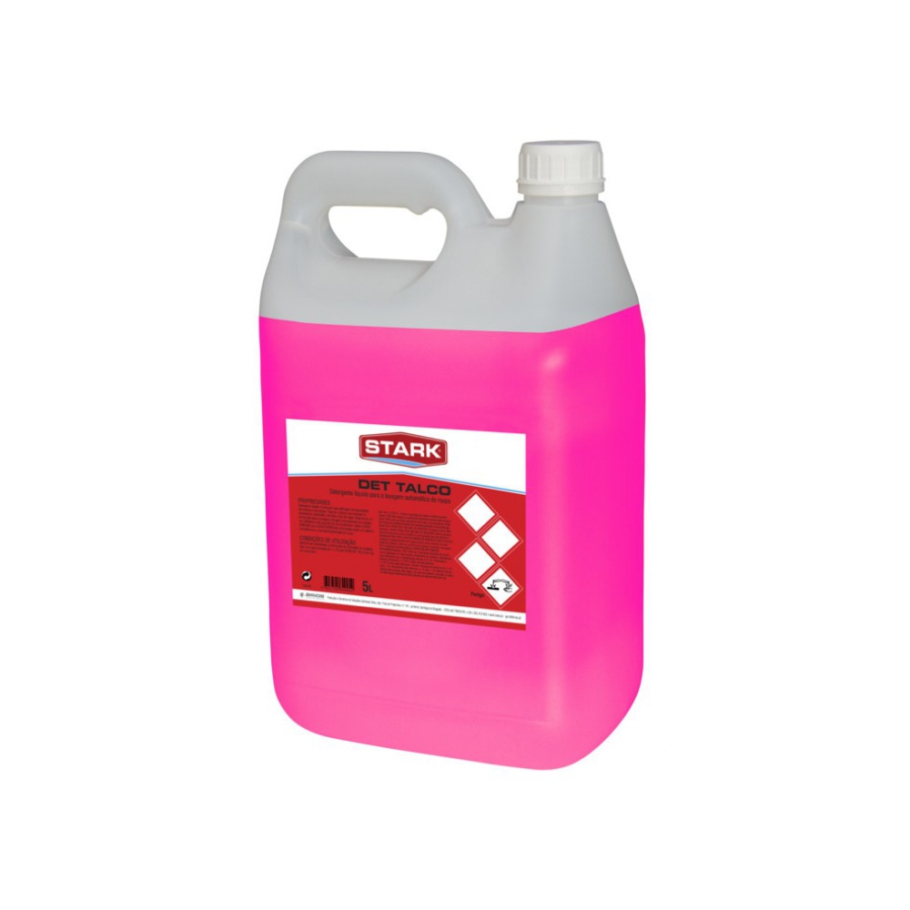 Recipiente plástico rosa translúcido com tampa branca e rótulo STARK DET TALCO