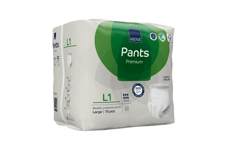 Embalagem branca e verde de fraldas absorventes para adultos Abena Pants Premium tamanho L1 Large com 15 unidades