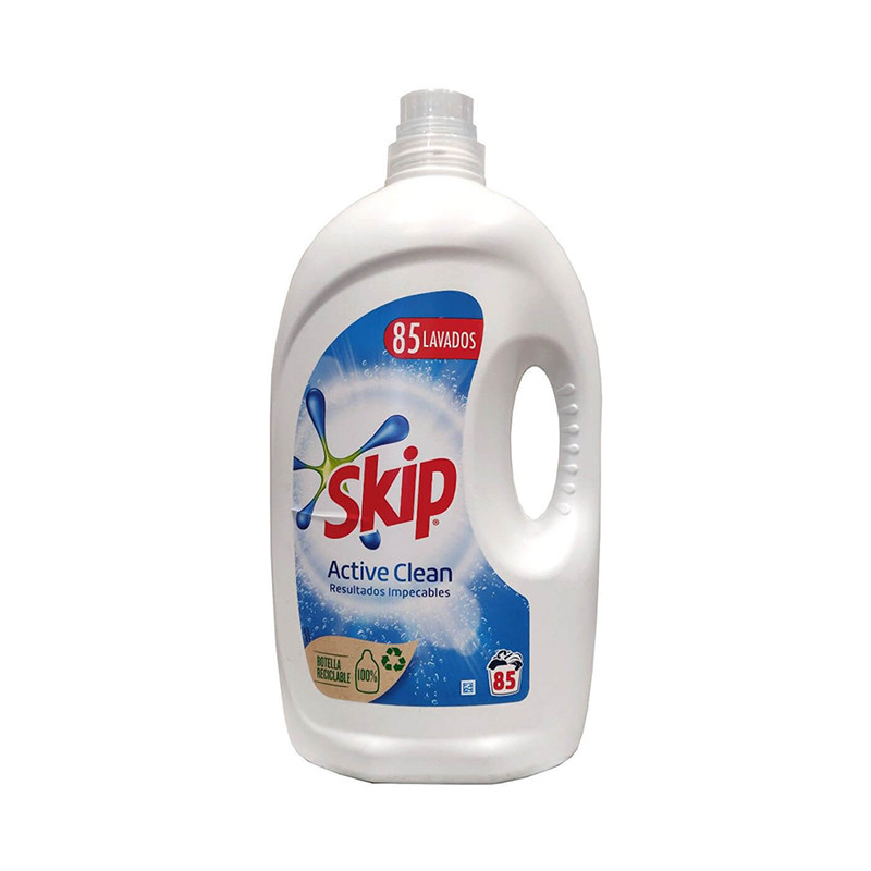 Detergente líquido Skip Active Clean branco com rótulo azul e vermelho