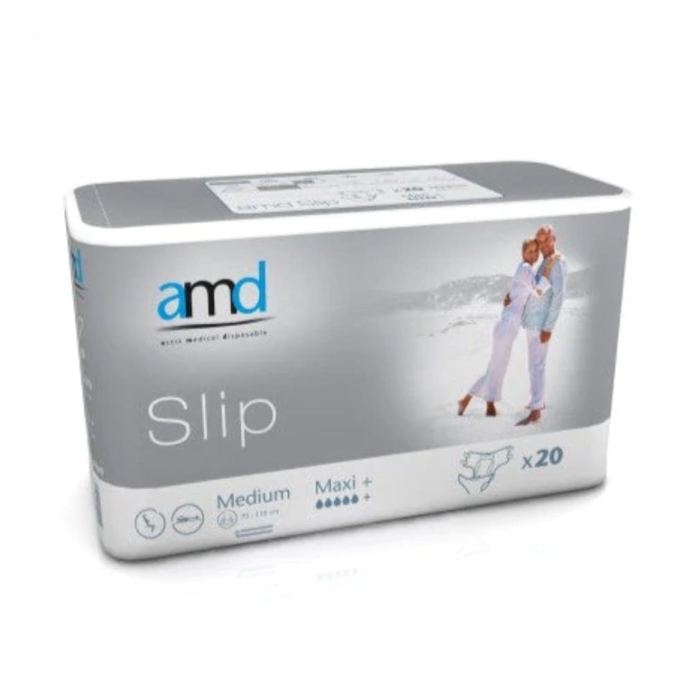 Embalagem cinza e branca de fraldas para adultos AMD Slip com imagem de casal
