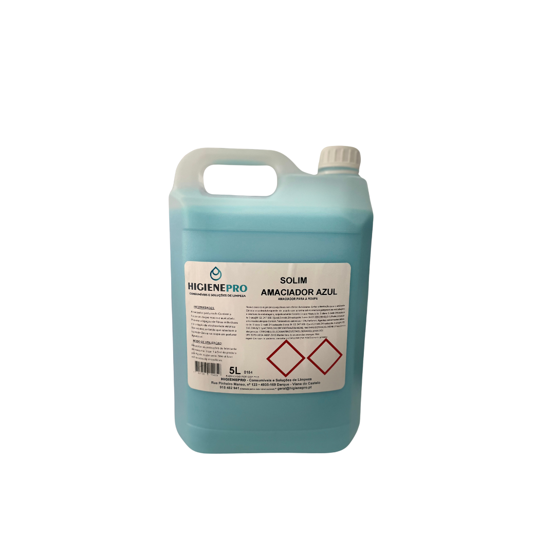 Recipiente plástico azul de 5 litros com amaciador azul e rótulo HIGIENE PRO