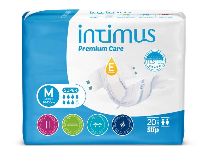 Embalagem de fraldas para adultos Intimus Premium Care tamanho M com 20 unidades e características de absorção e conforto
