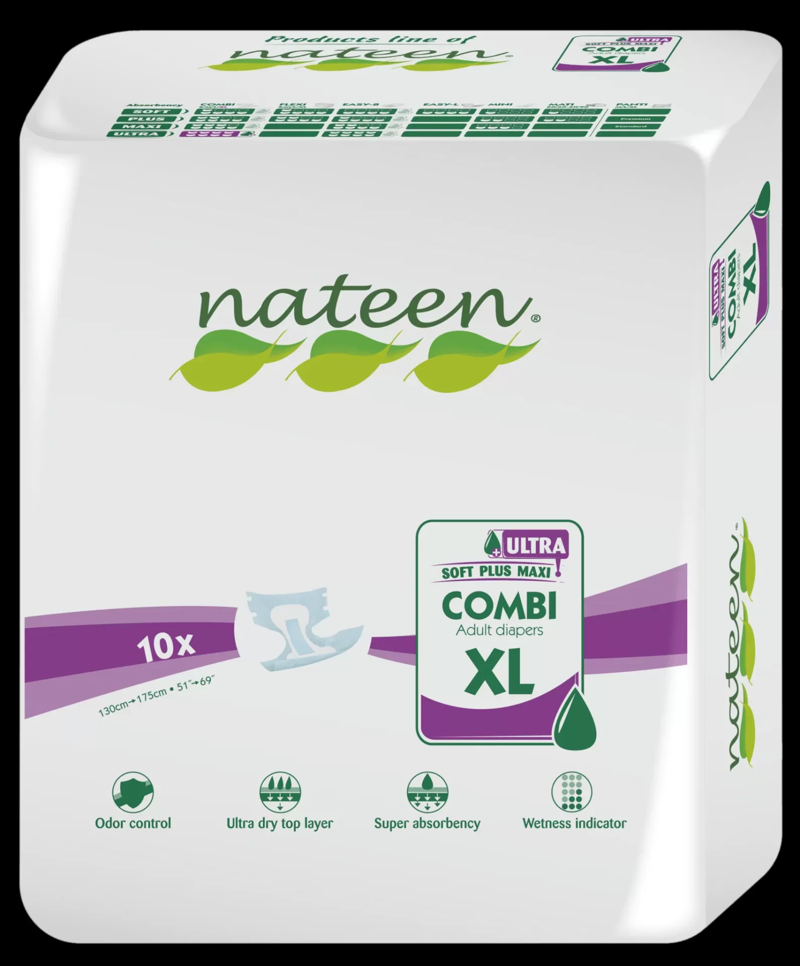 Pacote branco de fraldas para adultos Nateen Combi XL com detalhes em verde e roxo