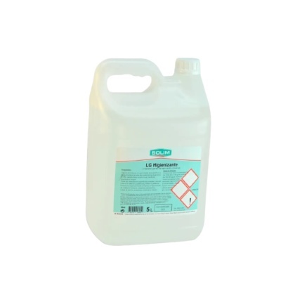 Bidão plástico translúcido de 5 litros com rótulo LG Higienizante