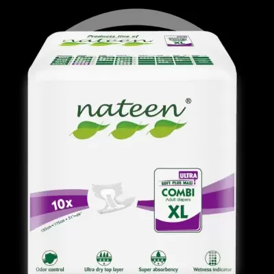 Pacote de fraldas para adultos Nateen XL branco com detalhes verdes e roxos